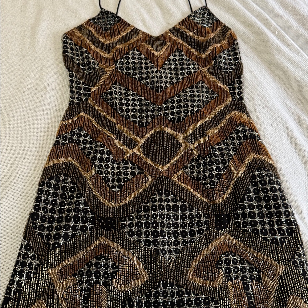 Elegant Black and Gold Geometric Dress by Lotus Threads Size Small (NWT)